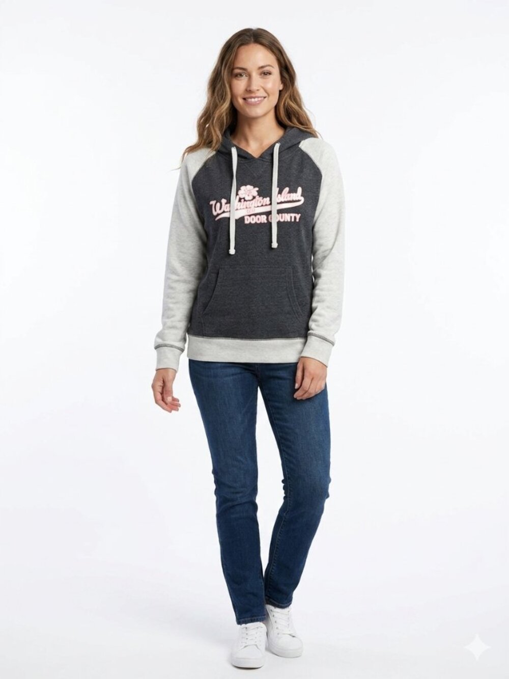 MV SPORT Women's Grey & Pink Hooded Sweatshirt with "Washington Island"  -    XL